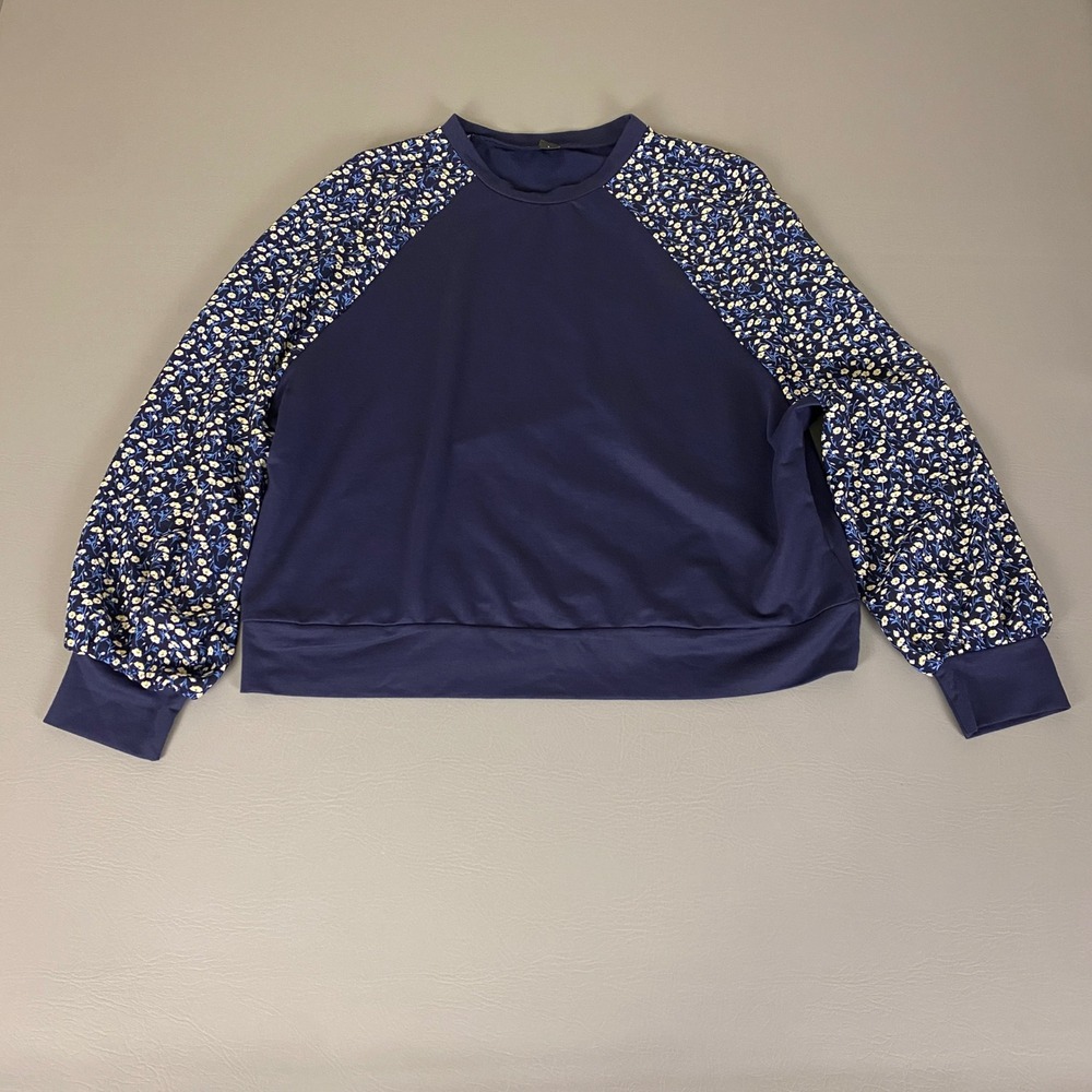 Shein‎ Curve Sweatshirt Women's 1XL Navy Blue Floral Sleeve Raglan Pullover Top